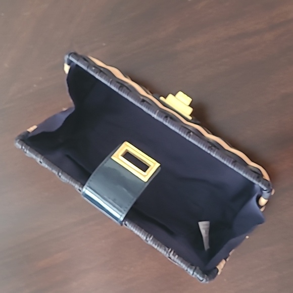 J.Crew natural Navy wicker basket patent leather brass buckle purse - Picture 6 of 8